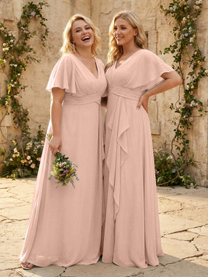 Chiffon V Neck Pleated Corset Bridesmaid Dresses