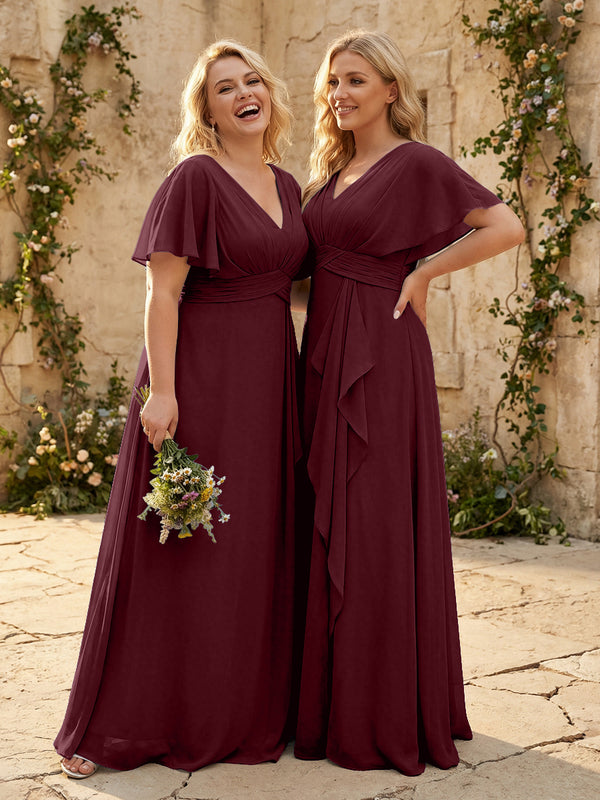 Chiffon V Neck Pleated Corset Bridesmaid Dresses