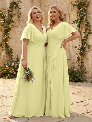 Chiffon V Neck Pleated Corset Bridesmaid Dresses