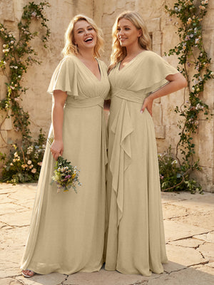 Chiffon V Neck Pleated Corset Bridesmaid Dresses