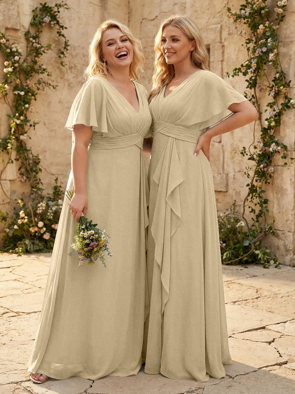 Chiffon V Neck Pleated Corset Bridesmaid Dresses