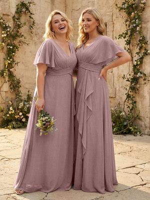 Chiffon V Neck Pleated Corset Bridesmaid Dresses