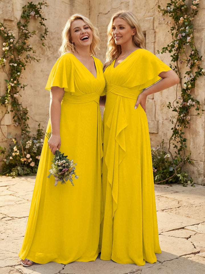 Chiffon V Neck Pleated Corset Bridesmaid Dresses