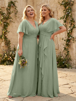 Chiffon V Neck Pleated Corset Bridesmaid Dresses