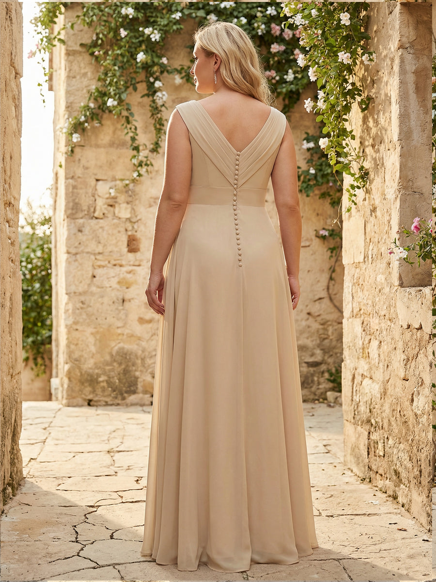 V Neck Pleated Chiffon Side Slit Bridesmaid Dresses with Pockets