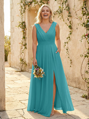 V Neck Pleated Chiffon Side Slit Bridesmaid Dresses with Pockets