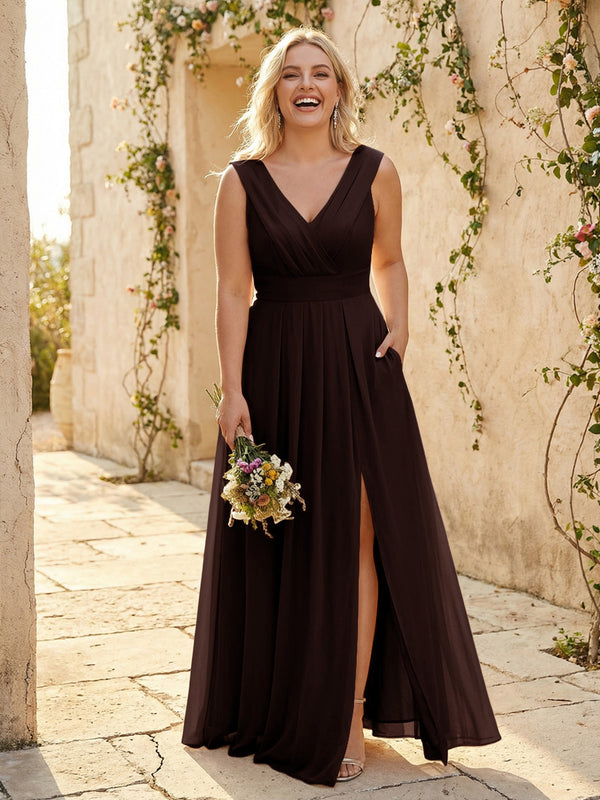 V Neck Pleated Chiffon Side Slit Bridesmaid Dresses with Pockets