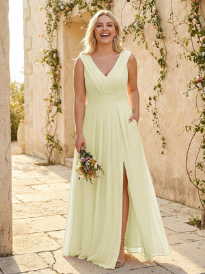 V Neck Pleated Chiffon Side Slit Bridesmaid Dresses with Pockets