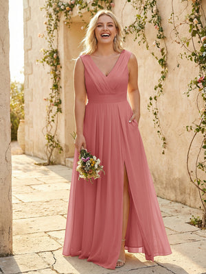 V Neck Pleated Chiffon Side Slit Bridesmaid Dresses with Pockets