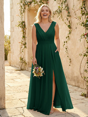 V Neck Pleated Chiffon Side Slit Bridesmaid Dresses with Pockets