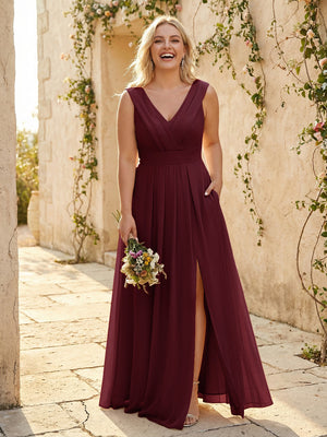 V Neck Pleated Chiffon Side Slit Bridesmaid Dresses with Pockets