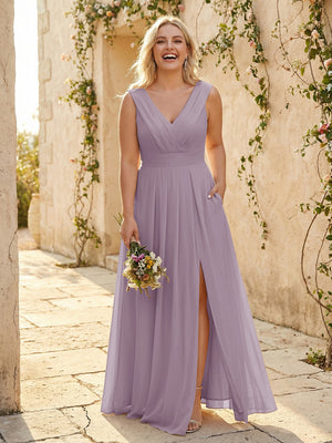 V Neck Pleated Chiffon Side Slit Bridesmaid Dresses with Pockets