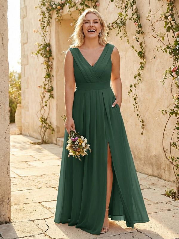 V Neck Pleated Chiffon Side Slit Bridesmaid Dresses with Pockets