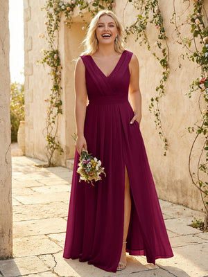 V Neck Pleated Chiffon Side Slit Bridesmaid Dresses with Pockets