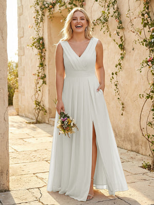 V Neck Pleated Chiffon Side Slit Bridesmaid Dresses with Pockets