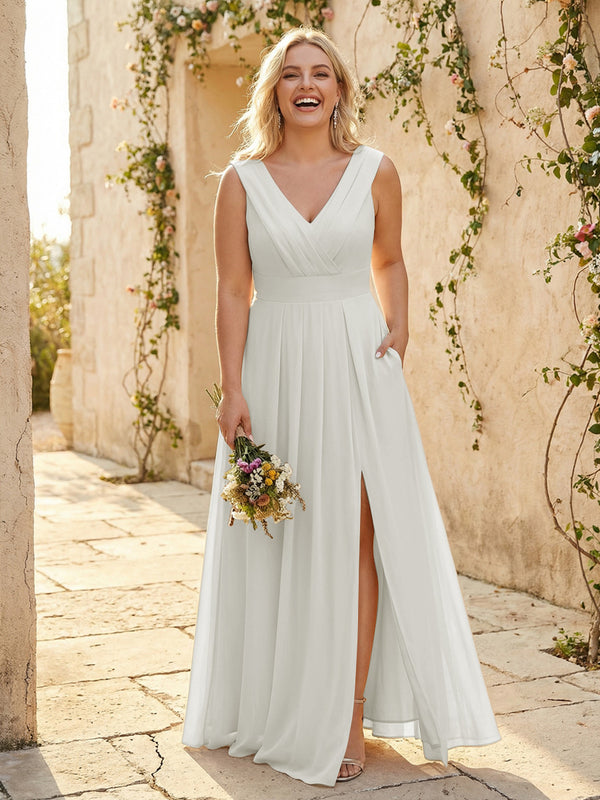 V Neck Pleated Chiffon Side Slit Bridesmaid Dresses with Pockets