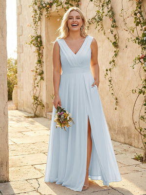 V Neck Pleated Chiffon Side Slit Bridesmaid Dresses with Pockets