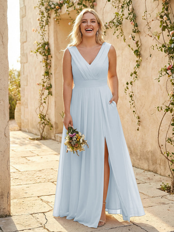 V Neck Pleated Chiffon Side Slit Bridesmaid Dresses with Pockets