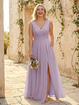 V Neck Pleated Chiffon Side Slit Bridesmaid Dresses with Pockets