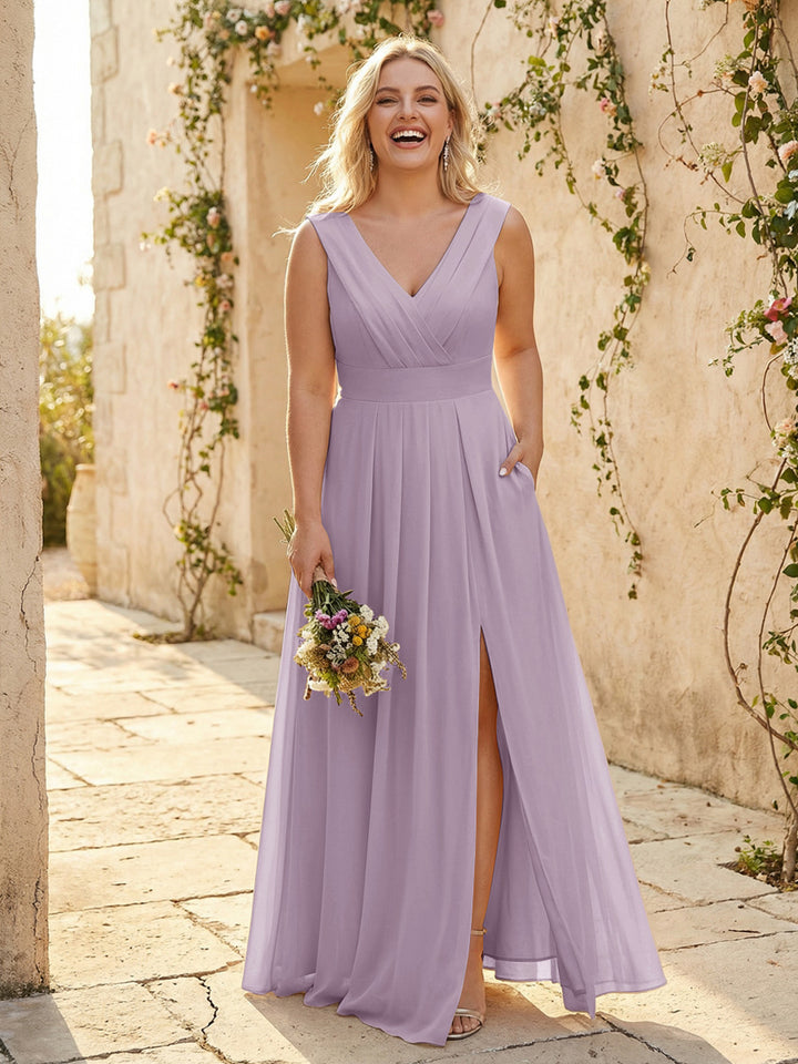 V Neck Pleated Chiffon Side Slit Bridesmaid Dresses with Pockets