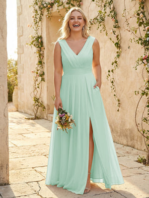 V Neck Pleated Chiffon Side Slit Bridesmaid Dresses with Pockets