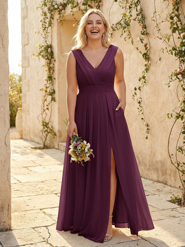 V Neck Pleated Chiffon Side Slit Bridesmaid Dresses with Pockets
