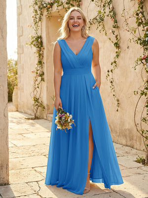 V Neck Pleated Chiffon Side Slit Bridesmaid Dresses with Pockets