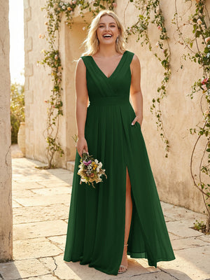 V Neck Pleated Chiffon Side Slit Bridesmaid Dresses with Pockets