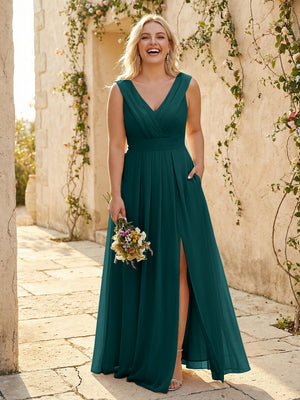 V Neck Pleated Chiffon Side Slit Bridesmaid Dresses with Pockets
