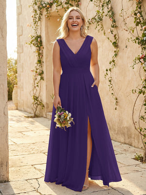 V Neck Pleated Chiffon Side Slit Bridesmaid Dresses with Pockets