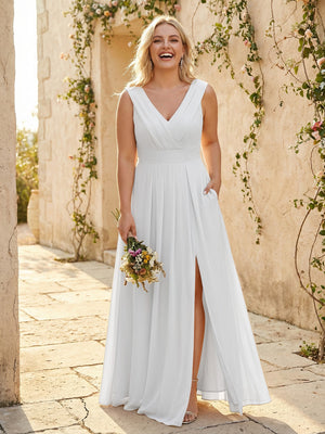 V Neck Pleated Chiffon Side Slit Bridesmaid Dresses with Pockets
