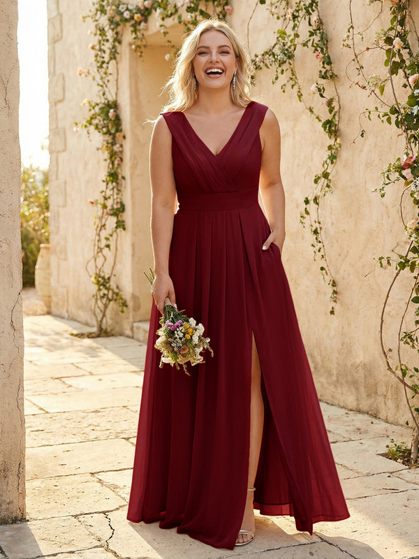 V Neck Pleated Chiffon Side Slit Bridesmaid Dresses with Pockets