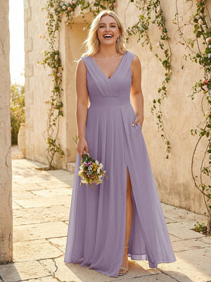 V Neck Pleated Chiffon Side Slit Bridesmaid Dresses with Pockets
