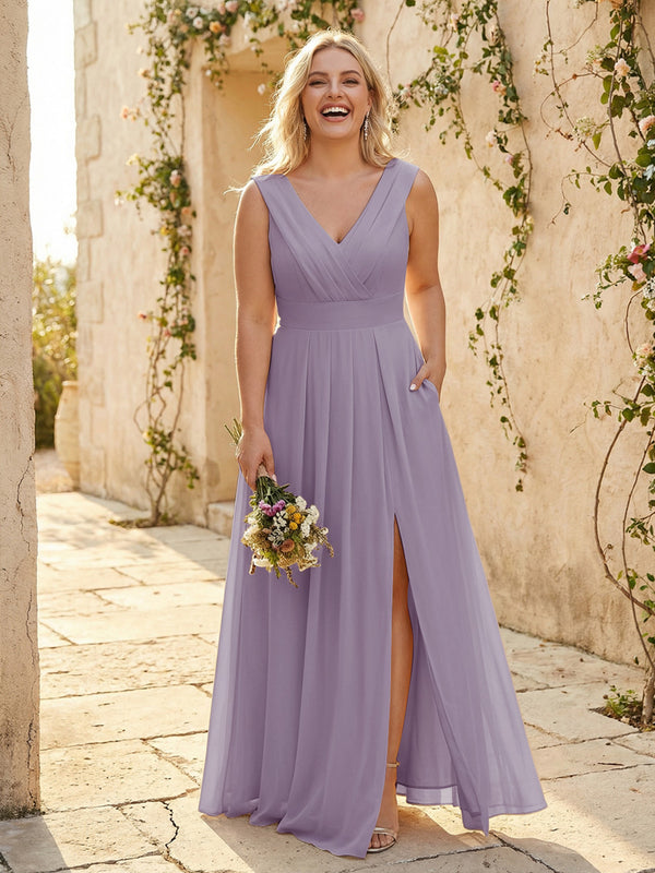 V Neck Pleated Chiffon Side Slit Bridesmaid Dresses with Pockets