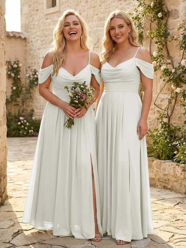 Spaghetti Straps Pleated Chiffon Sweetheart Bridesmaid Dresses with Slit