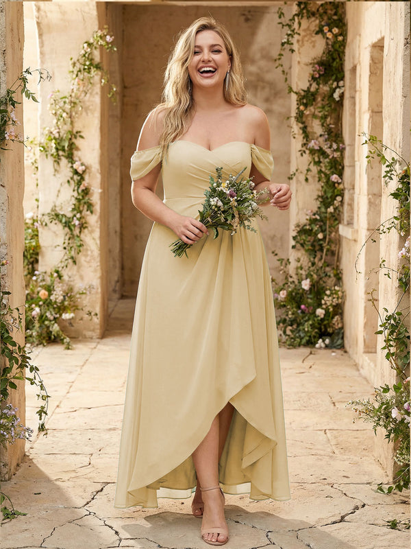 Off the Shoulder Pleated Chiffon Bridesmaid Dresses