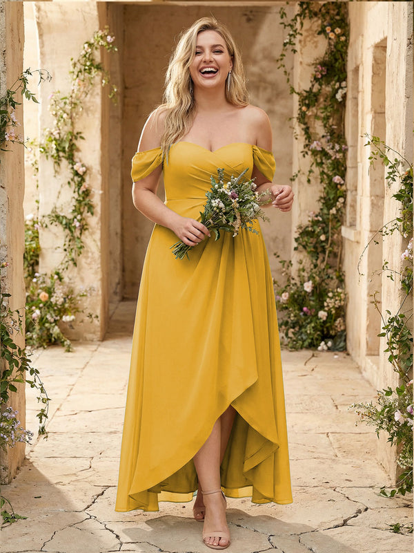 Off the Shoulder Pleated Chiffon Bridesmaid Dresses