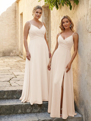 V Neck Pleated Chiffon Side Slit Bridesmaid Dresses