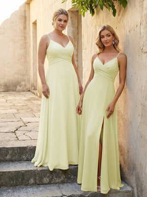 V Neck Pleated Chiffon Side Slit Bridesmaid Dresses