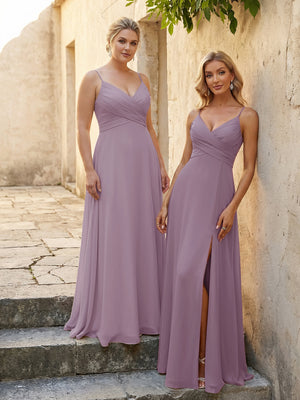 V Neck Pleated Chiffon Side Slit Bridesmaid Dresses
