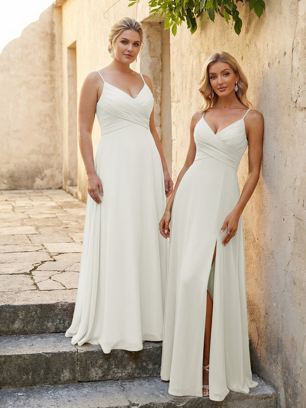 V Neck Pleated Chiffon Side Slit Bridesmaid Dresses