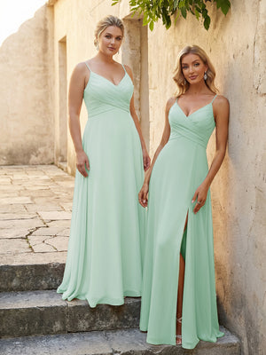 V Neck Pleated Chiffon Side Slit Bridesmaid Dresses