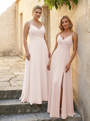 V Neck Pleated Chiffon Side Slit Bridesmaid Dresses
