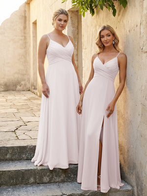 V Neck Pleated Chiffon Side Slit Bridesmaid Dresses