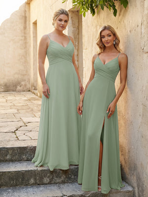 V Neck Pleated Chiffon Side Slit Bridesmaid Dresses