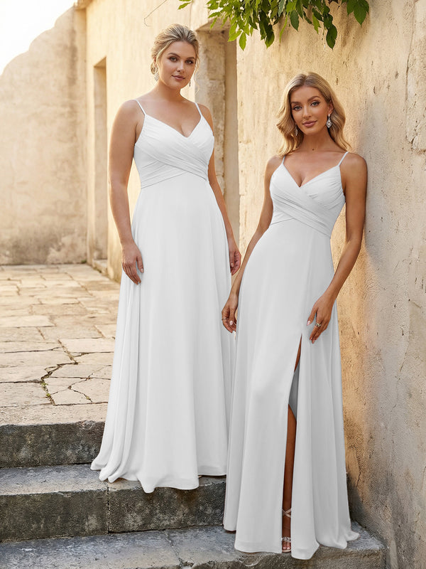 V Neck Pleated Chiffon Side Slit Bridesmaid Dresses