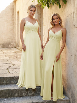 V Neck Pleated Chiffon Side Slit Bridesmaid Dresses