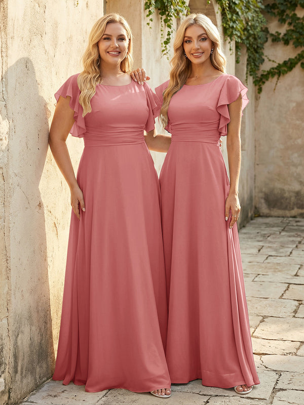 Scoop Neck Corset Pleated Chiffon Bridesmaid Dresses