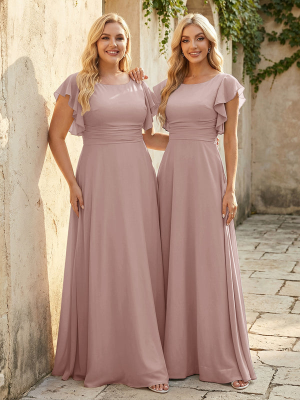 Scoop Neck Corset Pleated Chiffon Bridesmaid Dresses