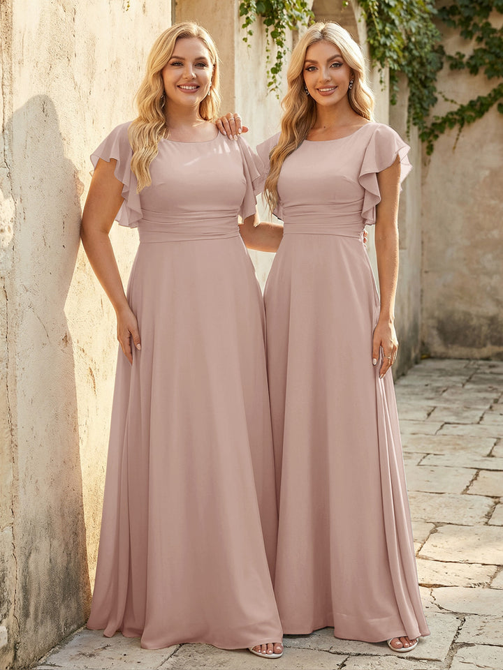 Scoop Neck Corset Pleated Chiffon Bridesmaid Dresses